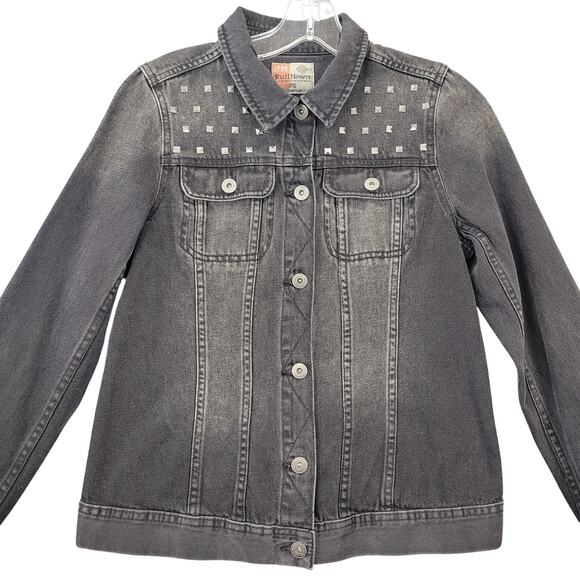 Ruff Hewn Black Jean Jacket Trucker Studs Button Up Long Sleeves Womens S Petite - Picture 1 of 10